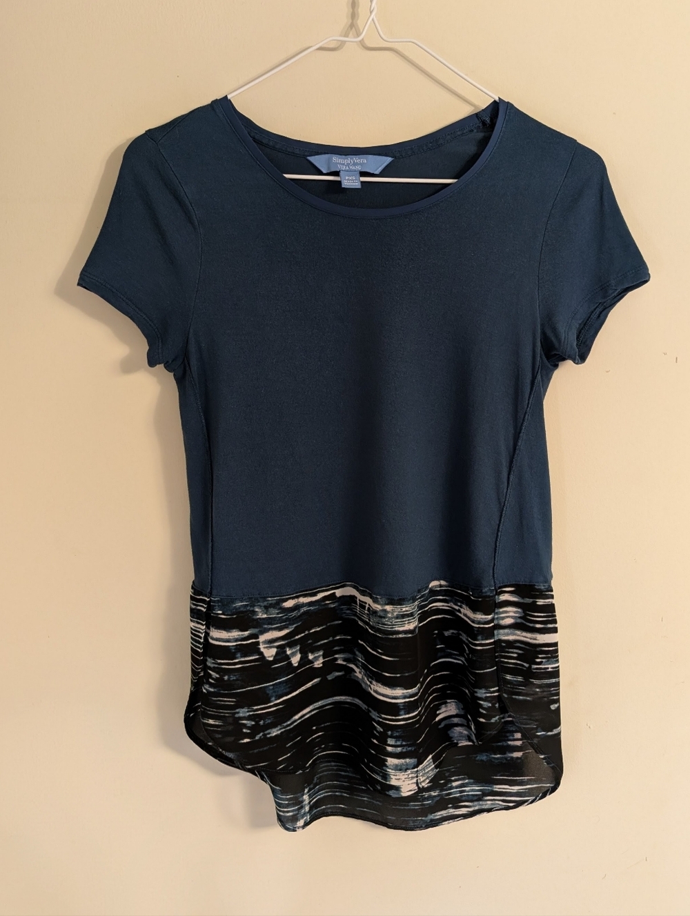 Simply Vera Wang Navy Short-Sleeve Mixed-Media Top